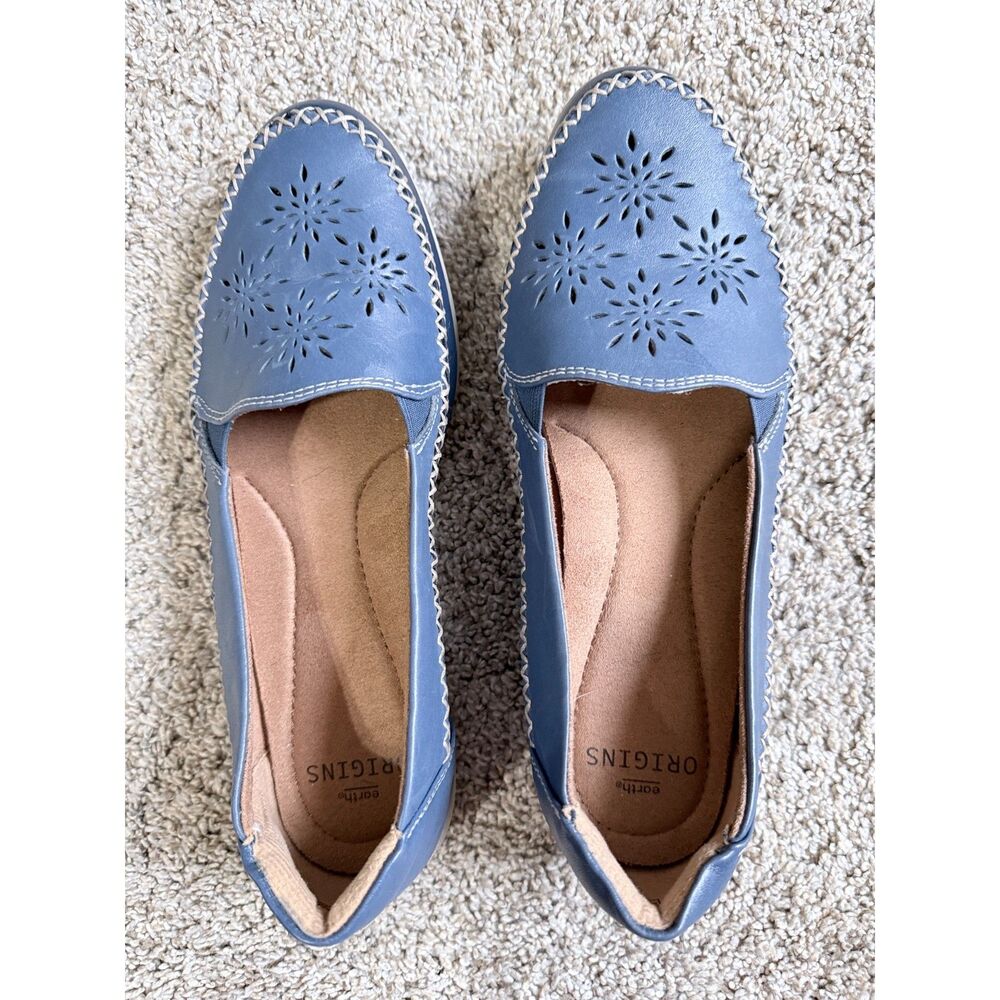 Earth Origins Blue Leather Floral Cutout Slip-On Shoes Women’s 9M